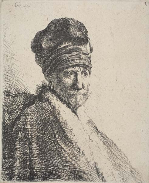 REMBRANDT VAN RIJN Bust of a Man Wearing a High Cap, Three-Quarters Right: The Artist's Father.